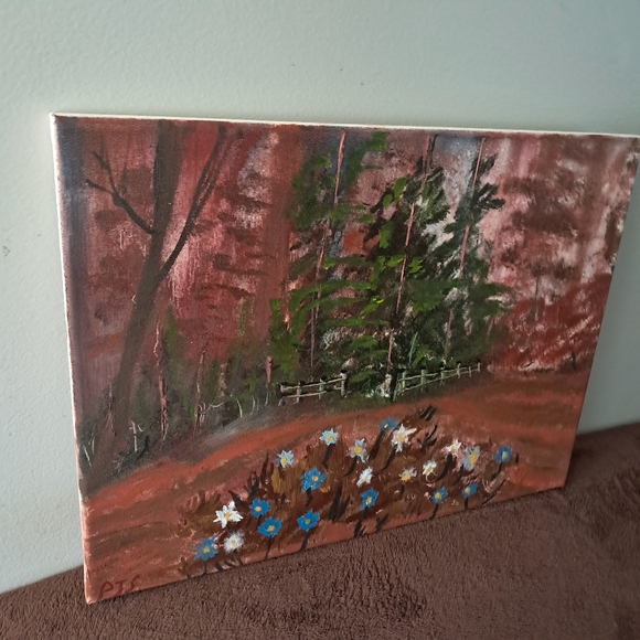 Bob Ross Inspired Oil Paint Hand Painted Canvas Flowers Trees Woods - Picture 2 of 5